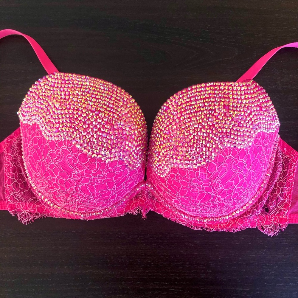 💗CUSTOM BEDAZZLED BLING RHINESTONE LA SENZA PINK BRA 34DD looks new